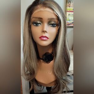 Long wavy brunette blonde highlighted 13x4 lace synthetic wig